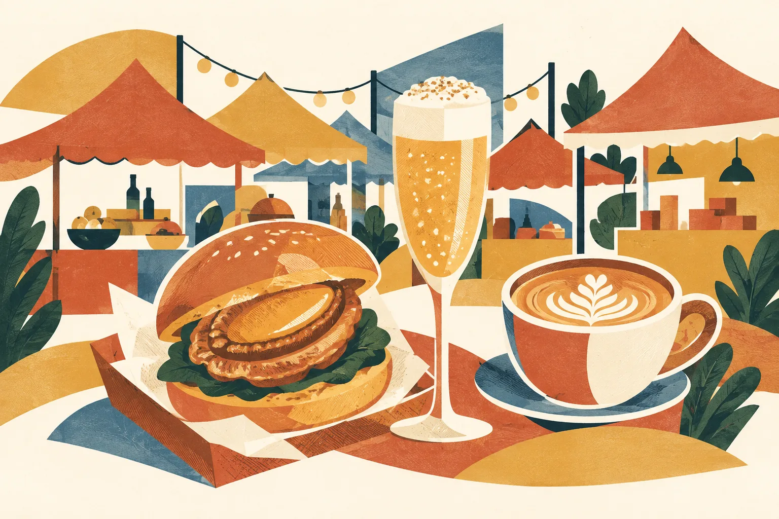 A cut-paper collage of simple festival stall canopies, a burger, a sparkling drink and a coffee cup on a cream background.