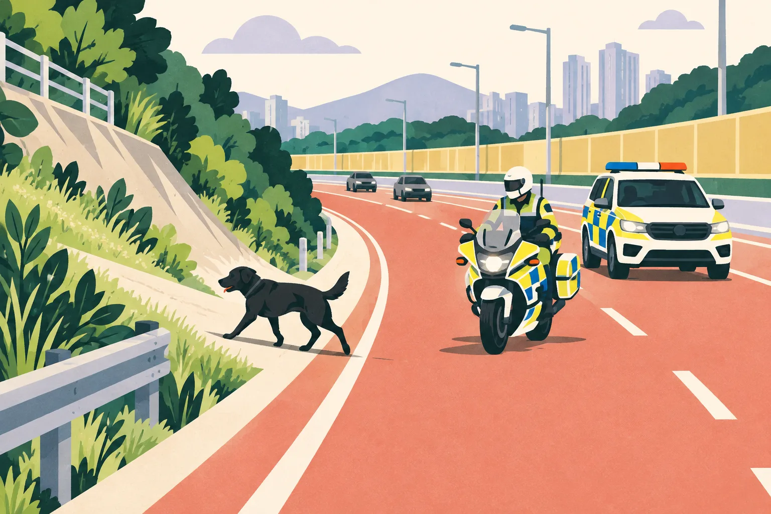 A small black dog moves across a cut-paper roadway toward a sloping verge, with a police car and traffic motorcycle following at a distance.