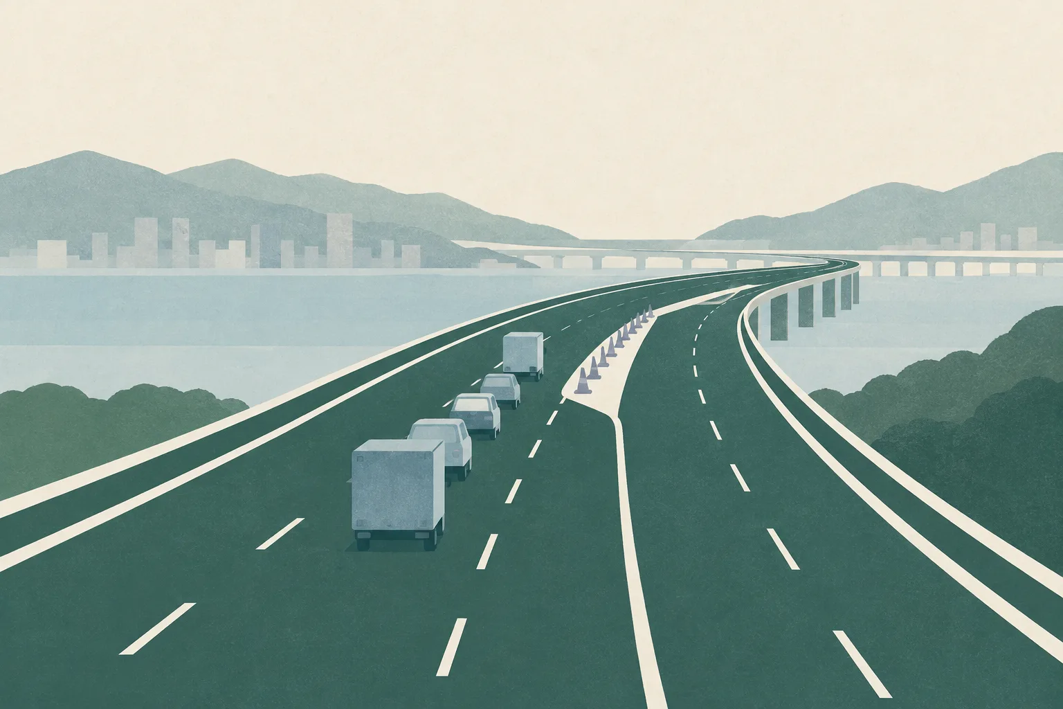 A muted green and cream abstract highway diagram narrows at a lane interruption, with a short line of markers indicating a traffic queue.