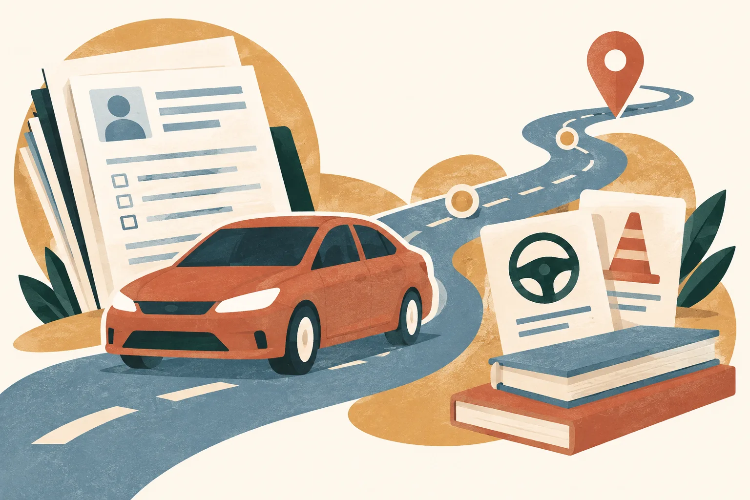 A simple car shape follows an abstract route past a small stack of application papers and training cards, arranged in warm terracotta, ochre, cream and slate blue.