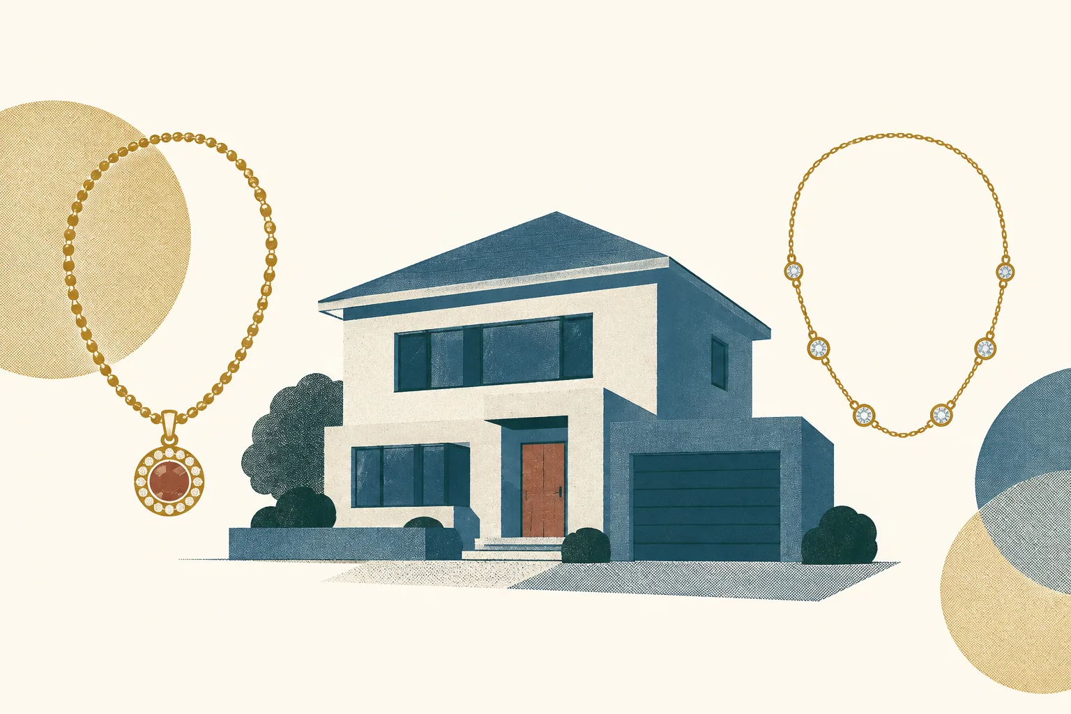 A simple house-shaped block sits beside two small necklace-like outlines, separated by open cream space.