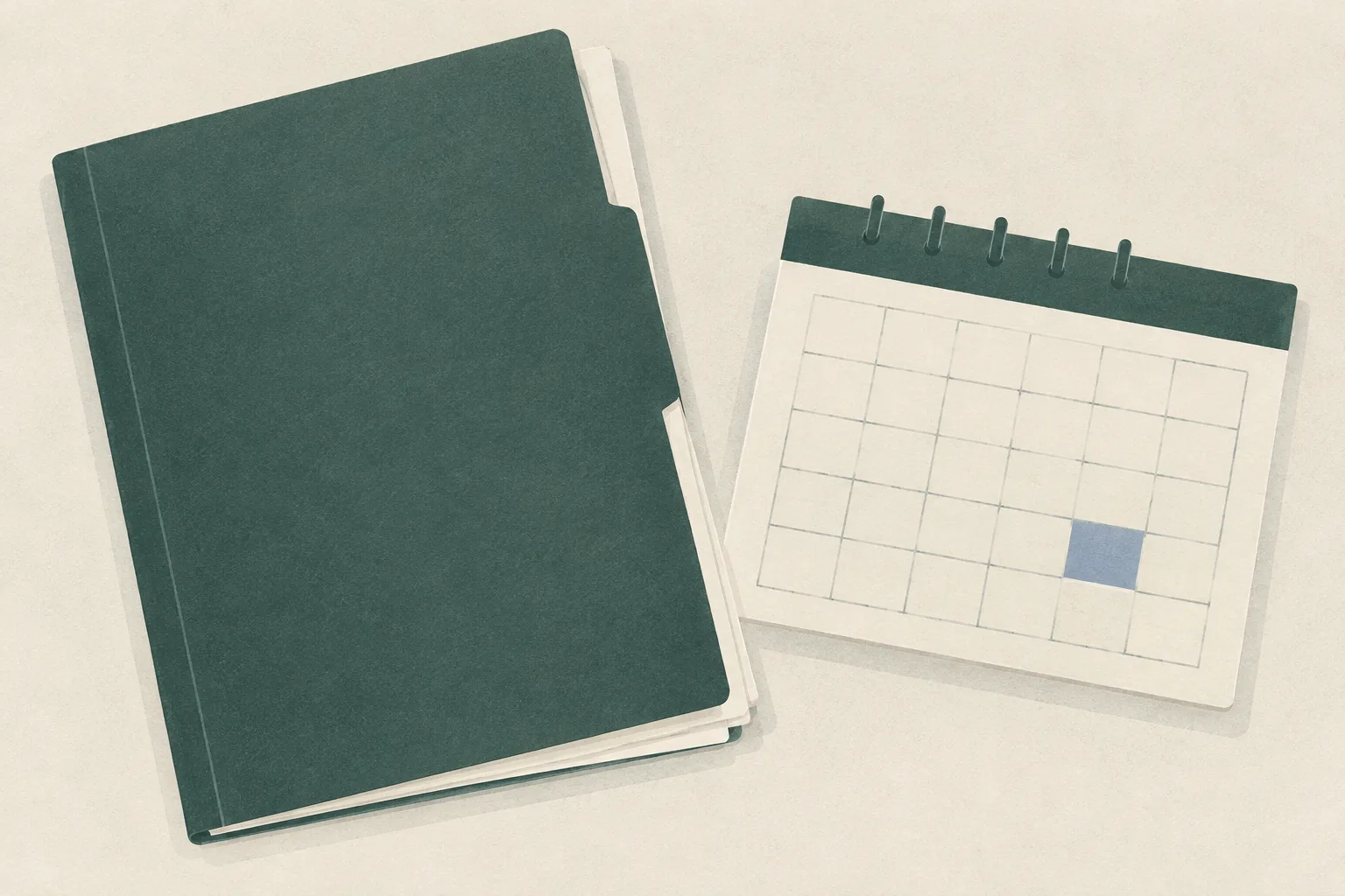 A blank court file beside a simple calendar grid, with one later date tile set apart on a cream surface.
