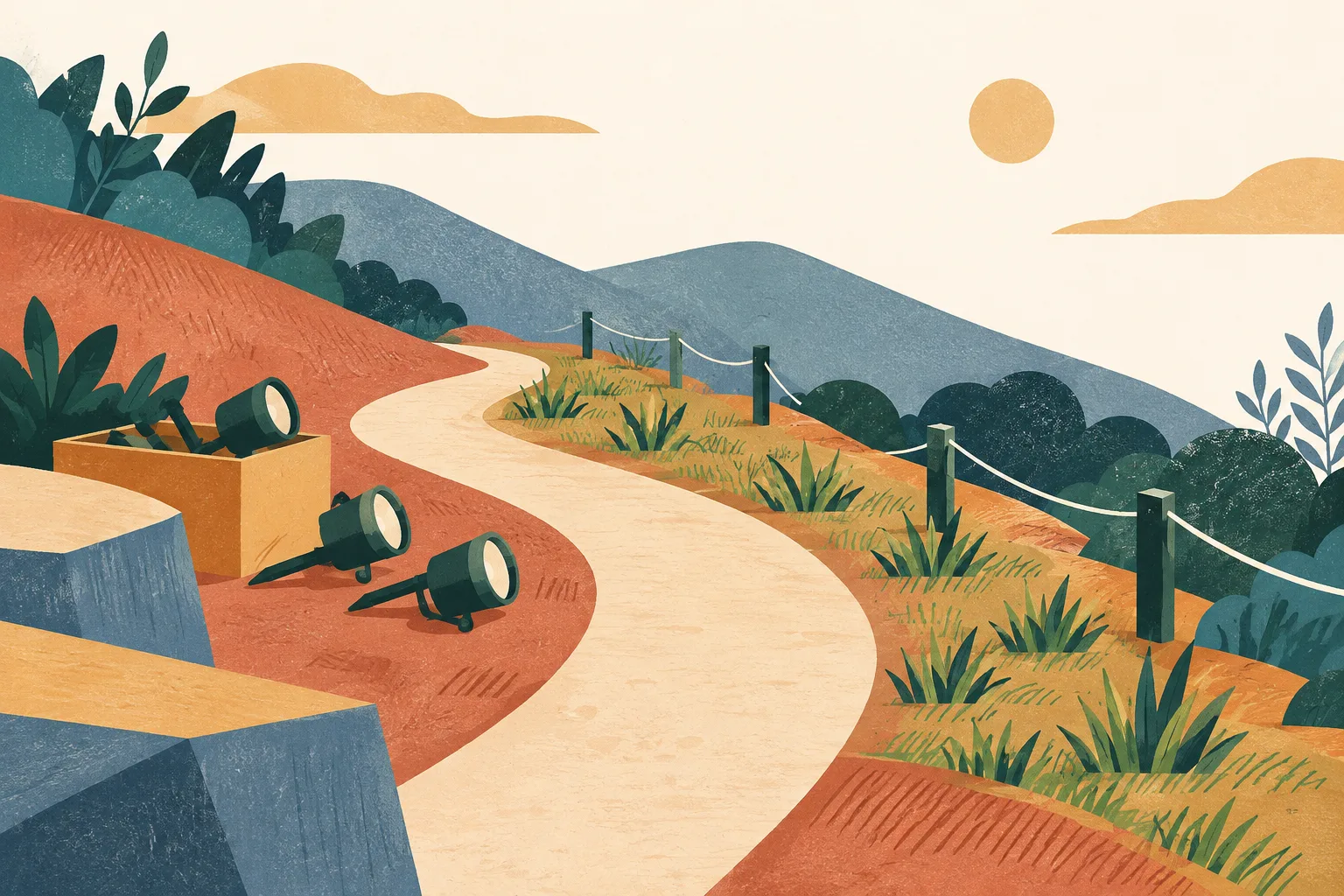 A cut-paper hillside abstraction with a winding path, a few unlit light points set aside, and fresh grass shapes along the route.