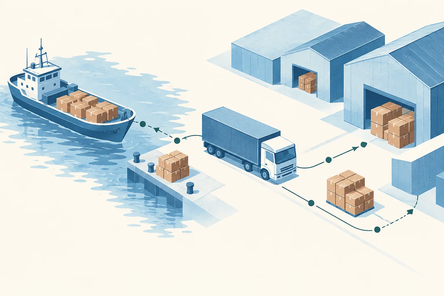 An abstract route links simple boat and truck shapes with plain cargo cartons and warehouse-like blocks on a light cream ground.