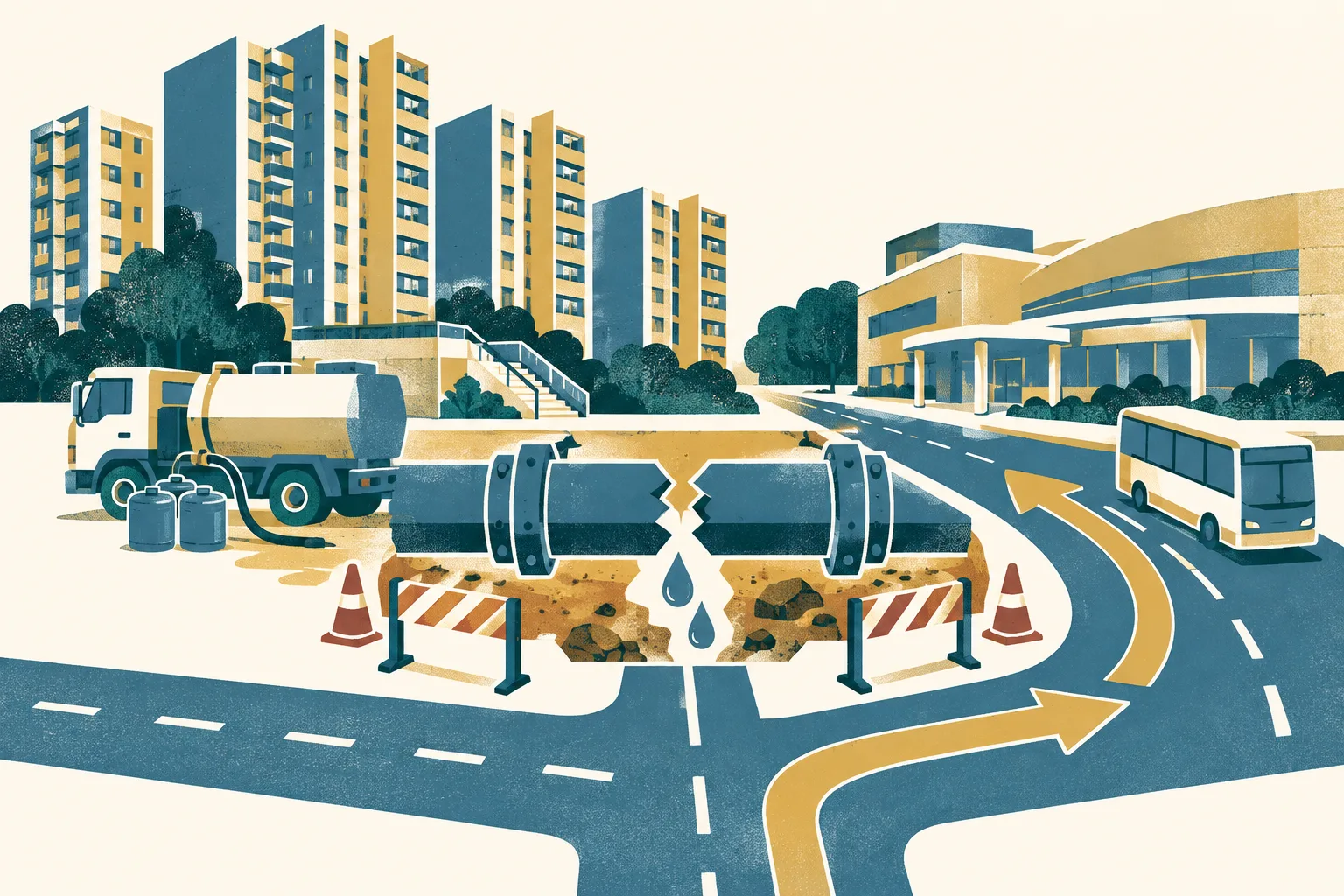 A cut-paper collage of generic residential blocks, an interrupted water pipe, a small water truck, and a road line branching around the disruption.