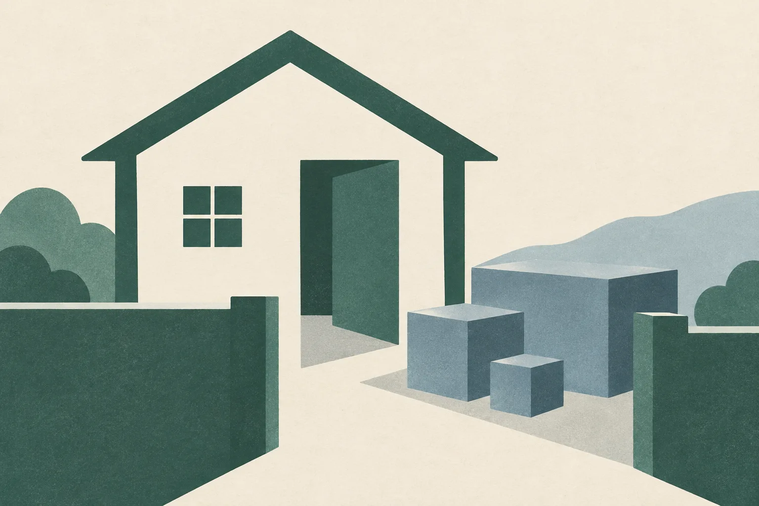A sparse abstract composition of a simple house-like outline, a narrow dividing line and several unmarked geometric forms on a muted cream ground.