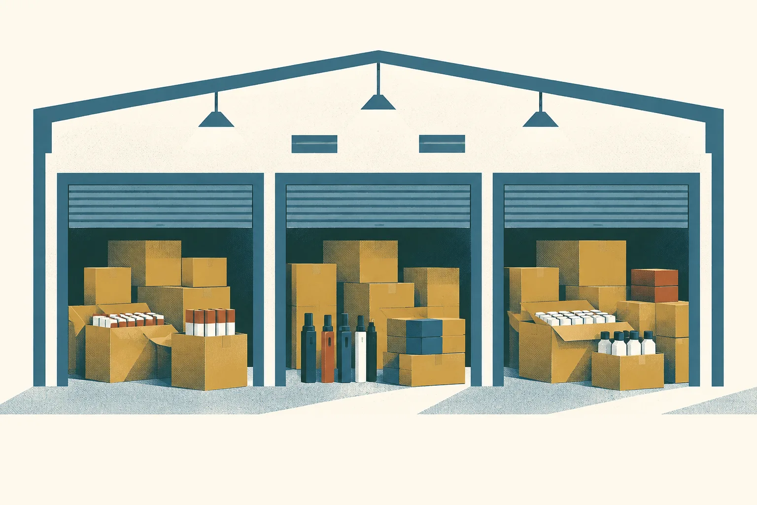 An abstract industrial-building plan groups three storage-unit shapes, each beside small neutral carton and product silhouettes.