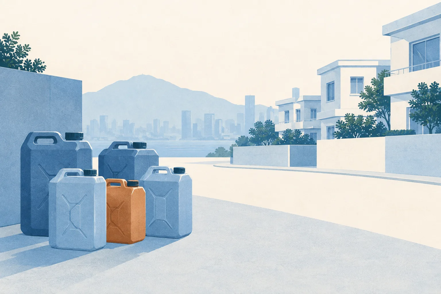 An abstract diagram pairs neutral fuel-container shapes with simple generic home forms, separated by open space on a pale cream ground with light blue architectural lines.