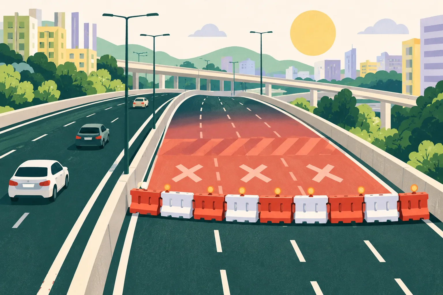 A simplified grey roadway is interrupted by a row of pale water barriers and a coral closure band, with clean geometric lane shapes on a light background.