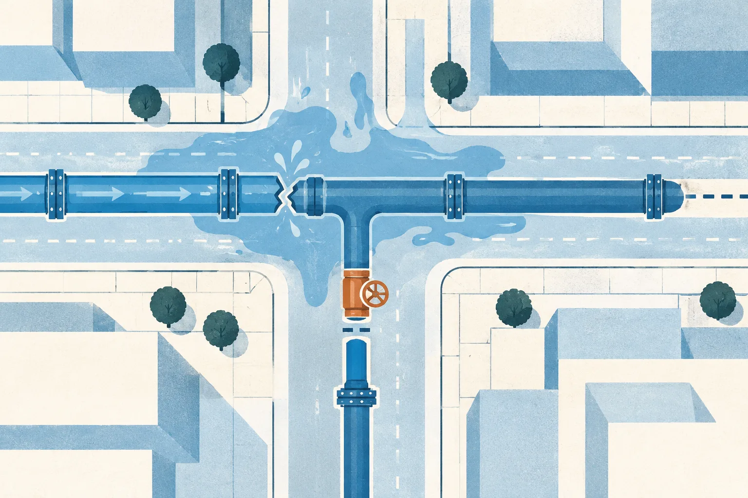 A top-down diagram of a blue water main beneath simple street bands and block shapes, with a small pooled area beside a broken pipe segment and one branch shown as temporarily interrupted.