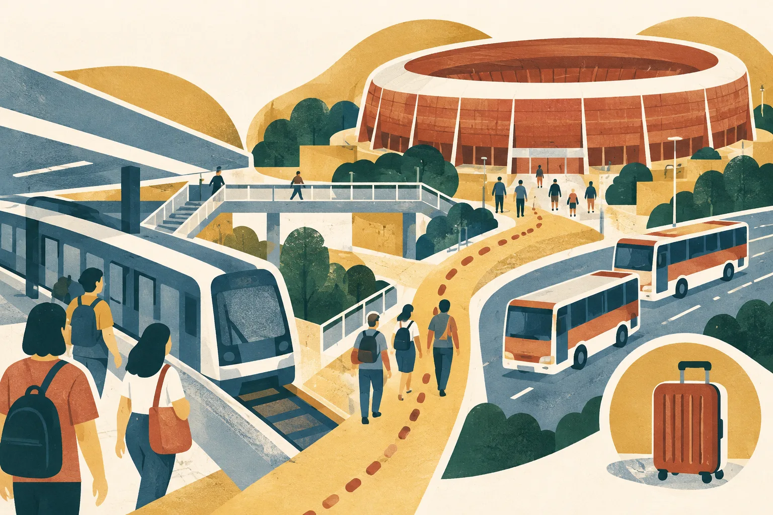 A layered illustration links a generic stadium shape with a rail line, walking paths, several buses and a small baggage case.