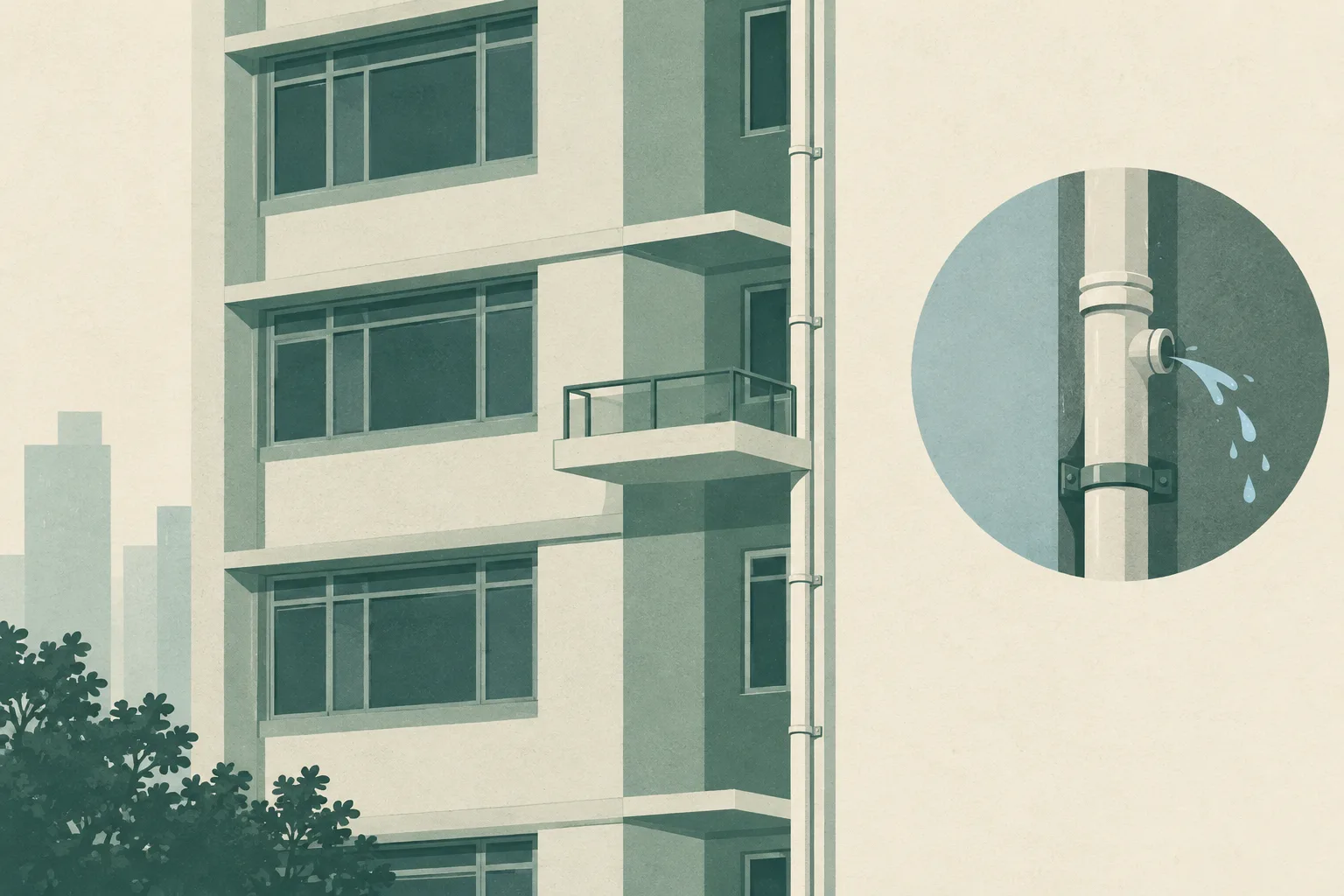 A muted, generic building elevation shows a small platform and, separately, an external pipe with a few droplets of water.