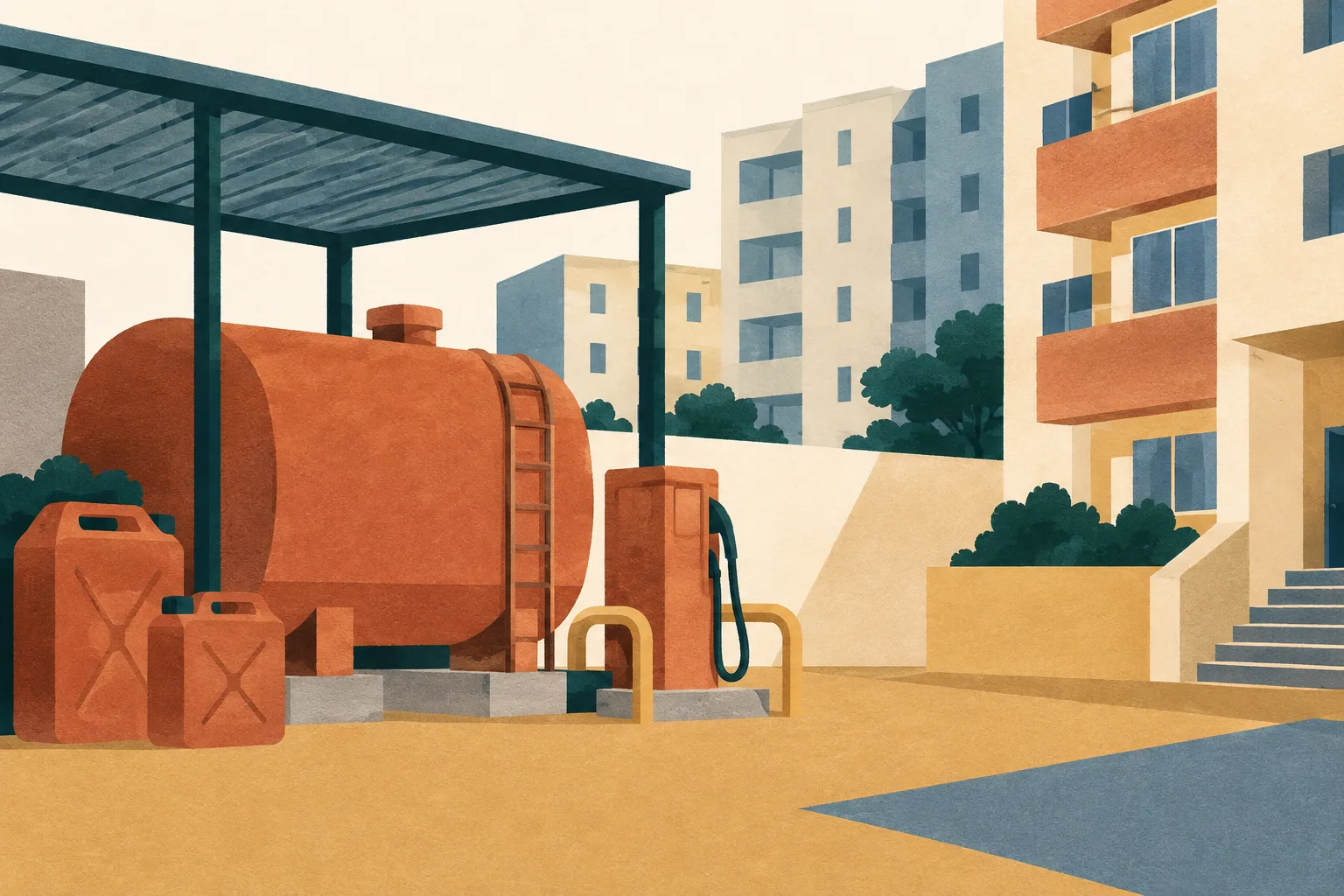 Abstract cut-paper fuel containers and equipment sit beside simplified residential blocks, separated by open cream space.