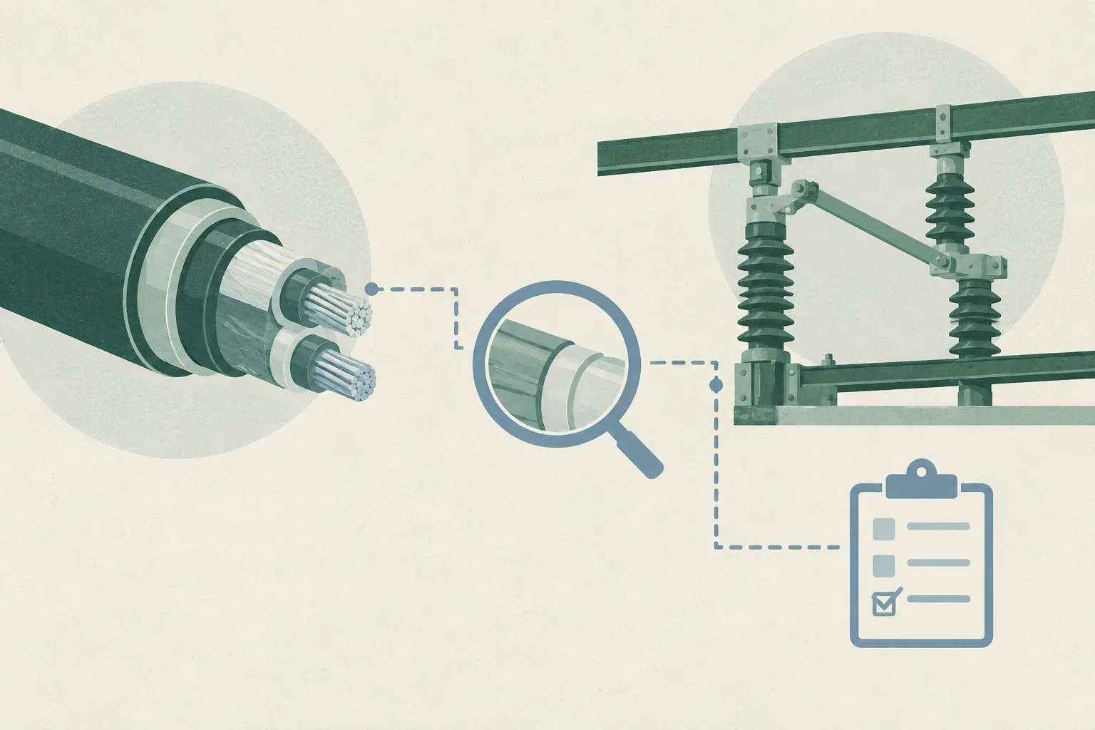 A sparse abstract diagram of two railway electrical components, linked by a fine inspection line and set apart within a simple review frame.