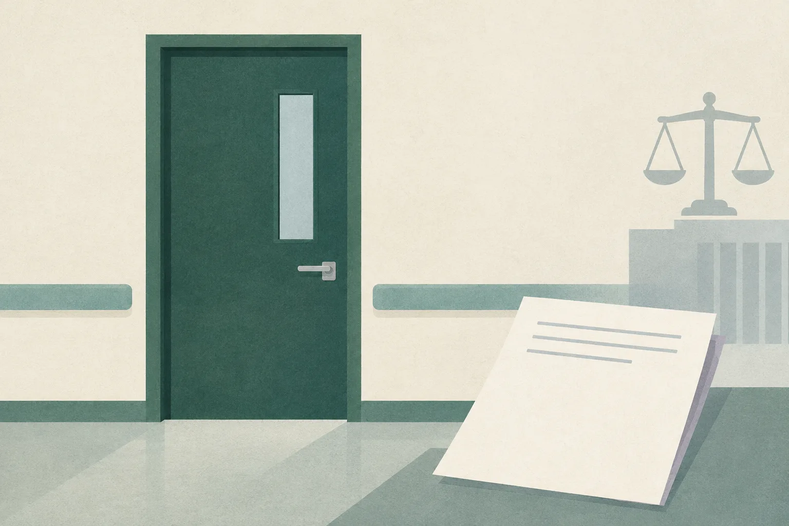 A simple cream institutional wall with a closed teal doorway and a small blank paper-like shape nearby.