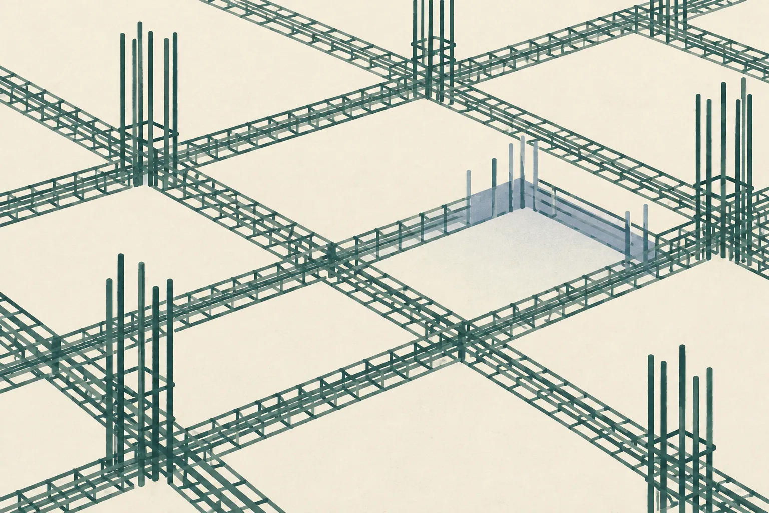 A sparse muted-teal foundation grid on a cream ground, with one small gap in the pattern.