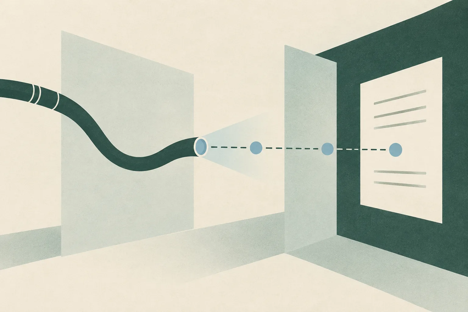 A simple curved medical instrument form and a softly interrupted line sit among pale green and cream geometric planes.