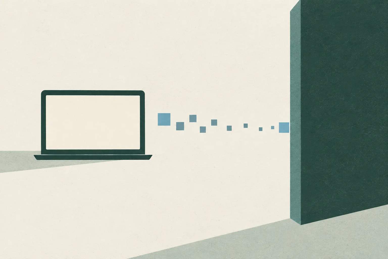 A blank screen-like rectangle sits beside a short trail of small squares that ends at a solid boundary, on a muted green and cream background.