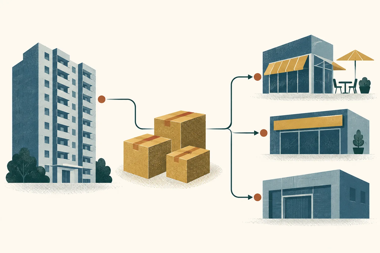 An abstract diagram links a simple residential block, a few unmarked package shapes and generic venue blocks with a fine route line on a light background.