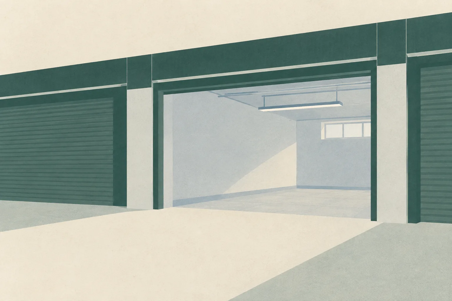 A subdued geometric outline of an industrial unit, with simple divisions and a broad empty area.