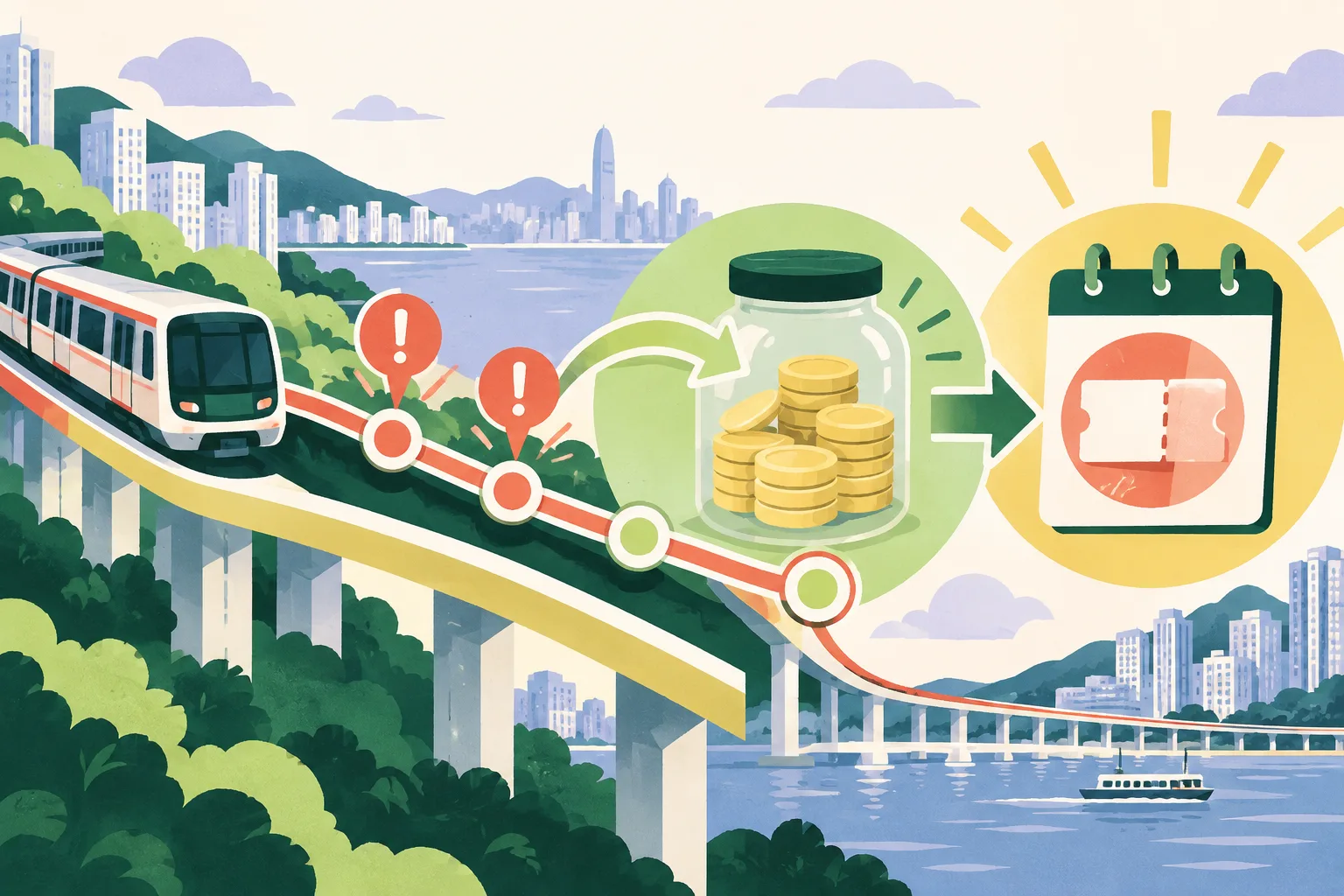 A stylized rail route with two small gaps connects visually to a separate account circle and a weekend fare tile.