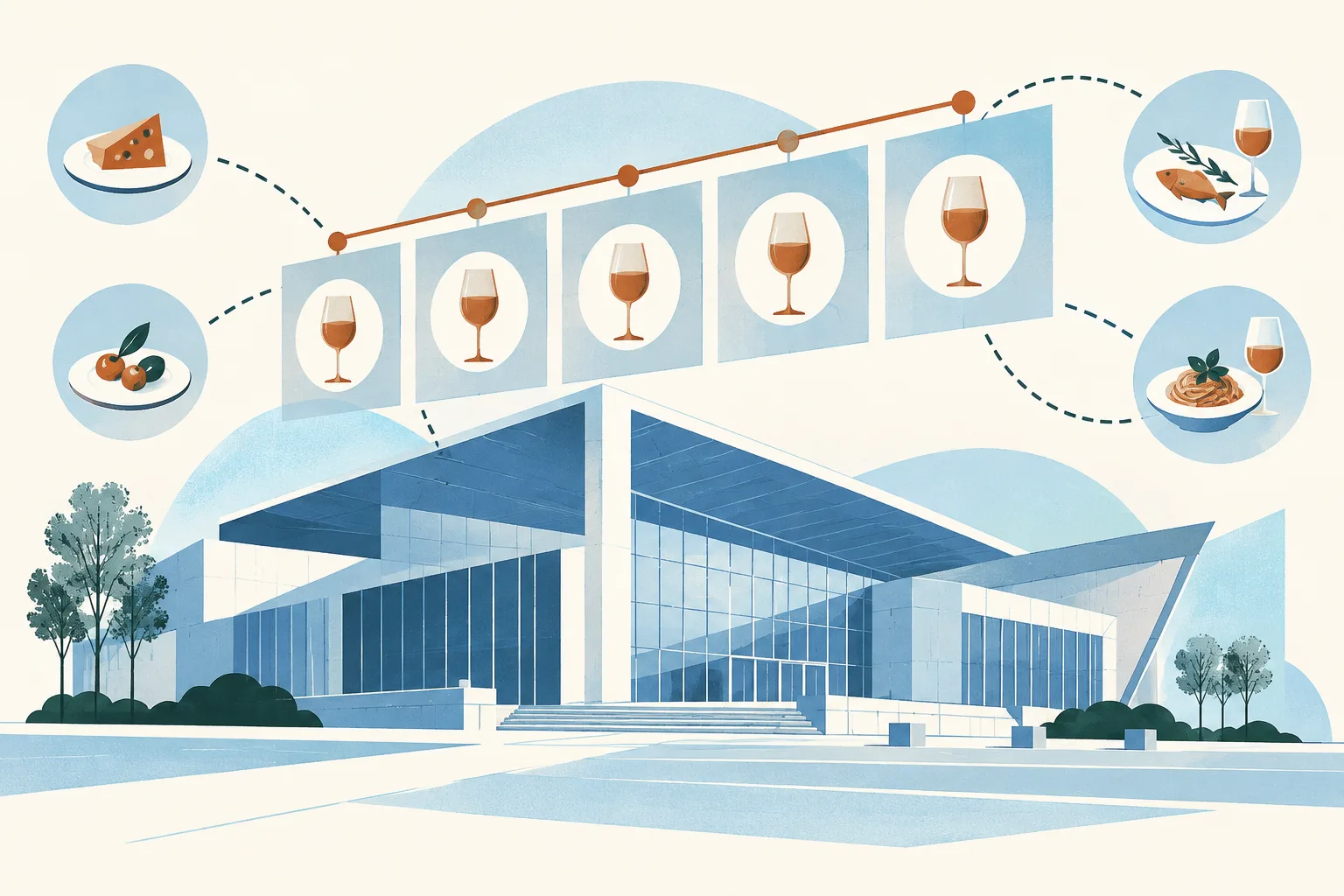 A simplified exhibition pavilion connects through dashed lines to five linked panels and small wine-glass and food-pairing shapes.