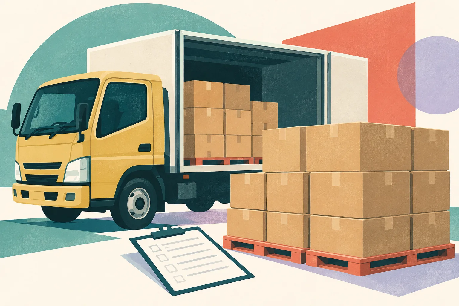 A simplified goods vehicle silhouette sits beside a tidy block of plain cargo boxes and a blank sheet on a light background.