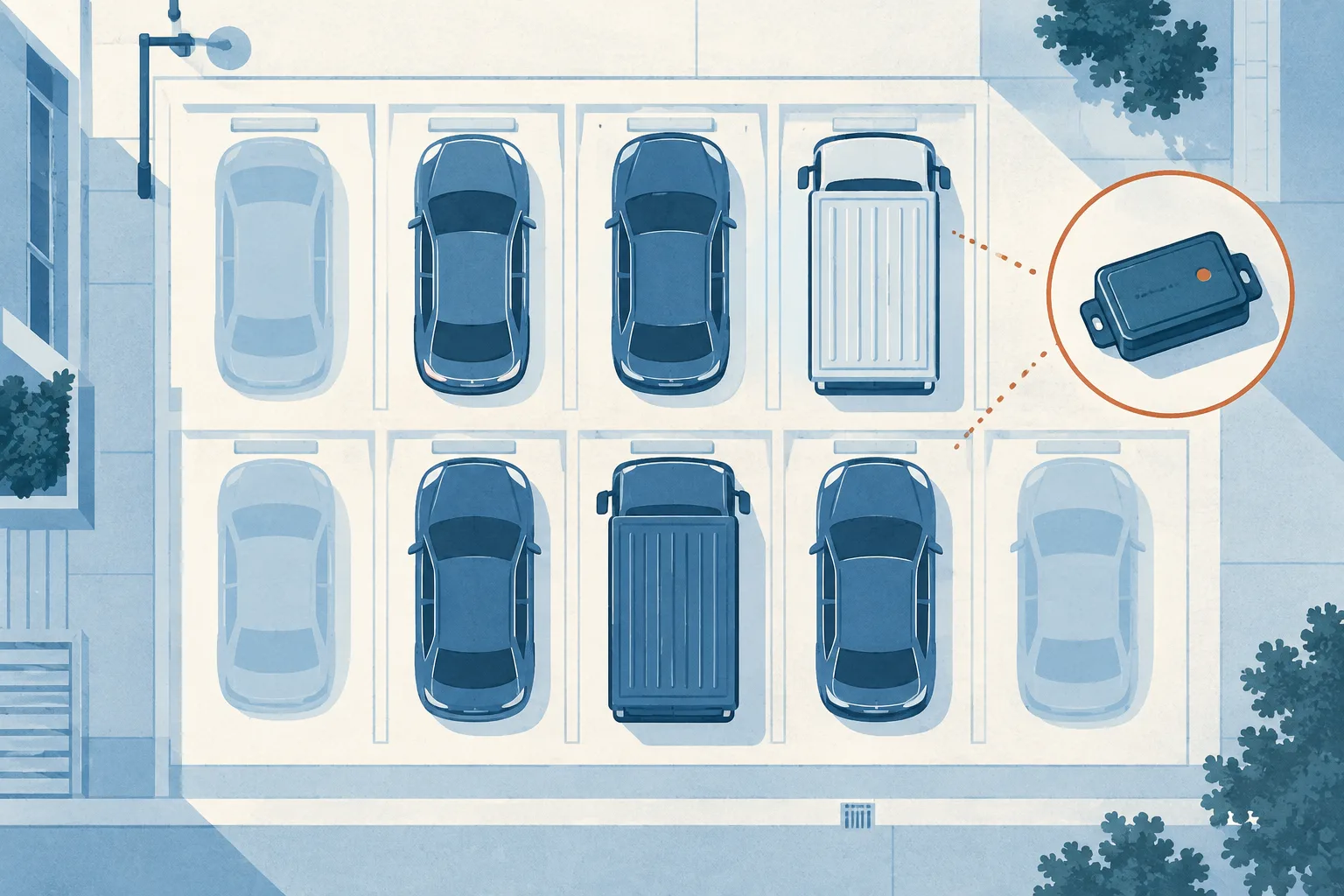 An abstract overhead layout of pale blue parking bays with several generic car shapes and a small tracking-device symbol set apart on a cream background.