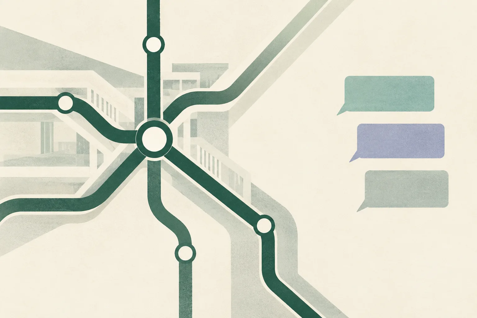 A simple interchange diagram and three blank message tiles sit apart on a cream background, with a muted teal line ending at a clear boundary.