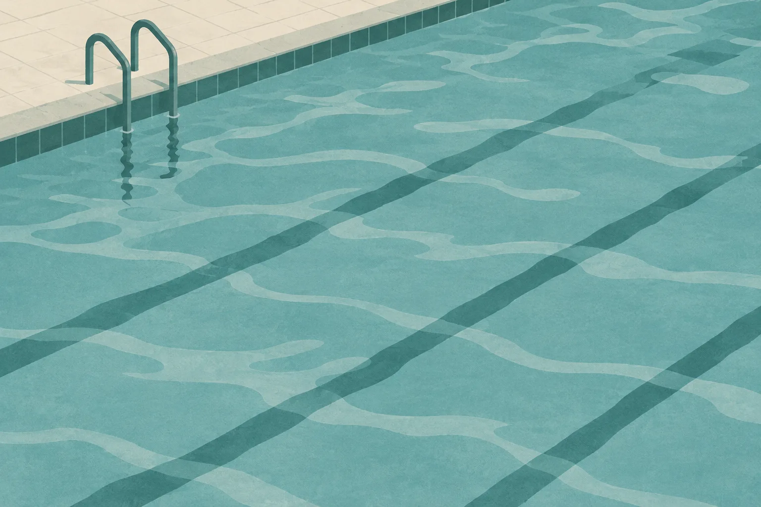 A sparse abstract view of a swimming pool, with still dusty-teal water bands and a simple edge against a soft cream ground.