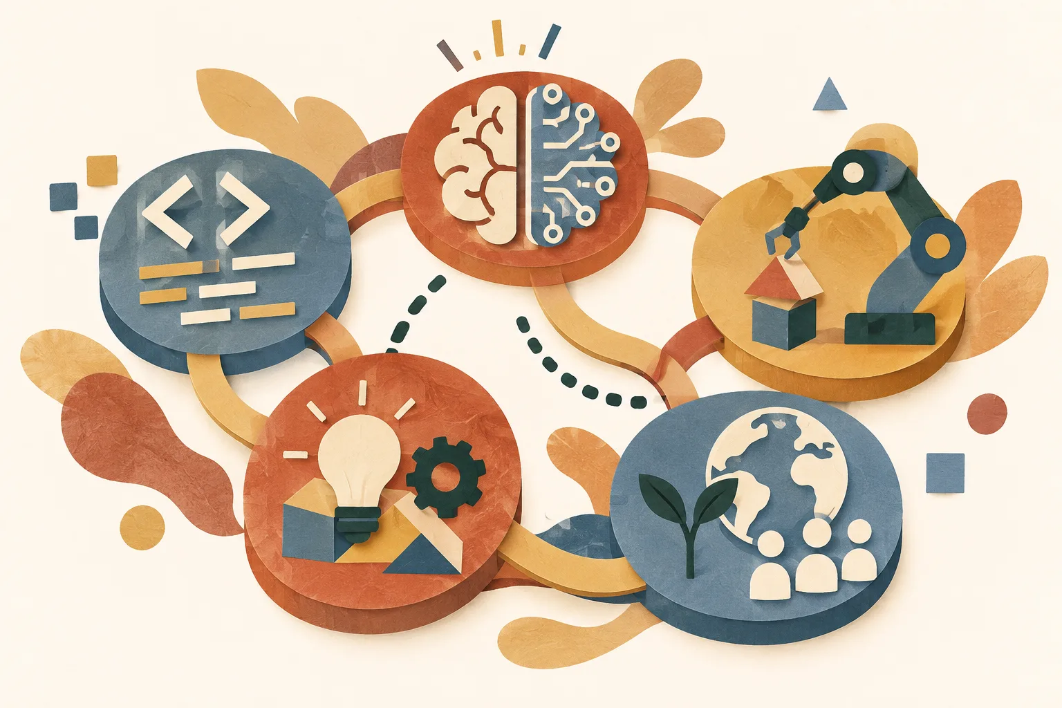 Five warm-colored paper-cut modules connect along a branching path, with abstract code blocks, circuit lines and geometric construction shapes.