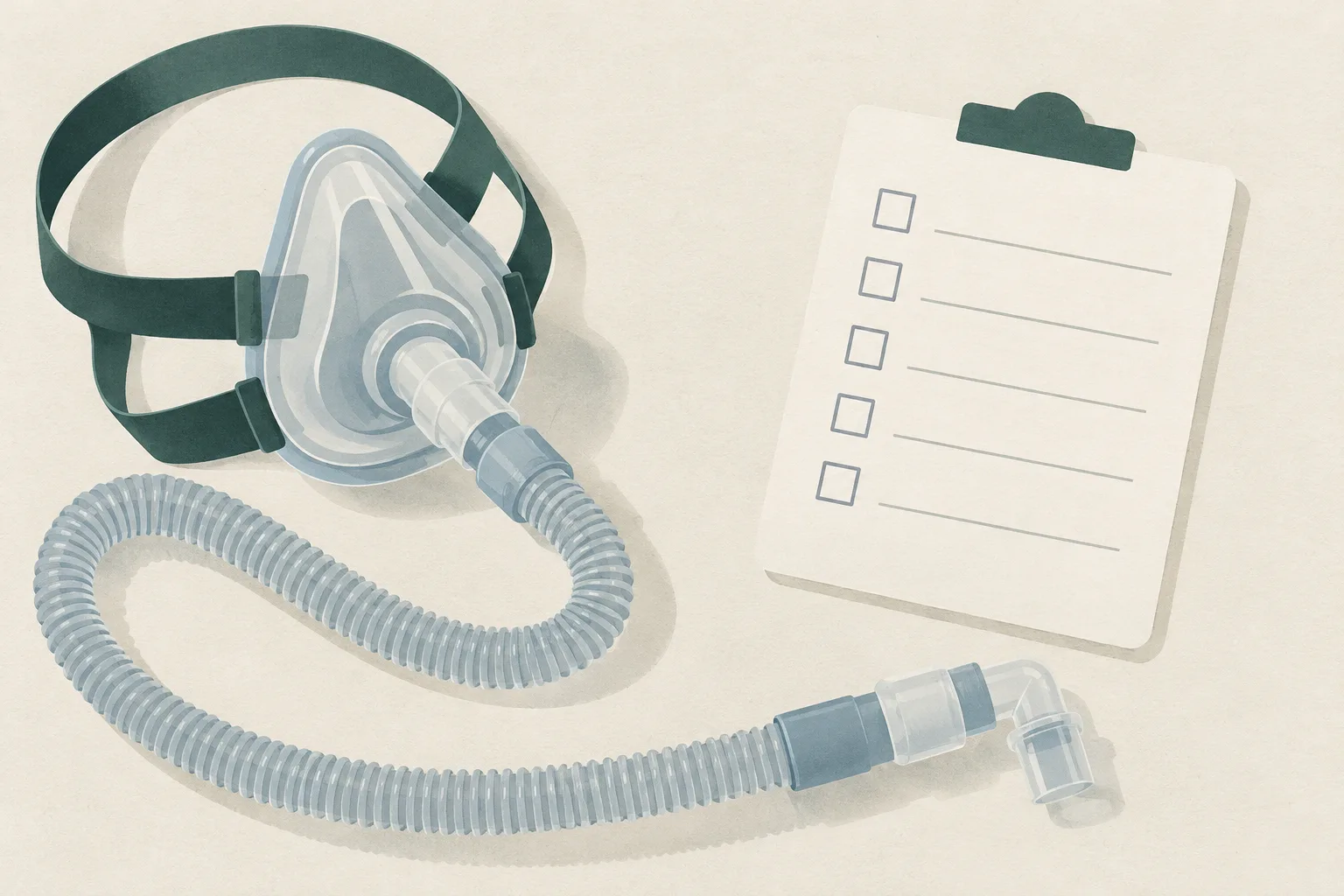 A generic ventilator circuit and a blank checklist card sit apart on a pale surface, rendered in muted green and cream.