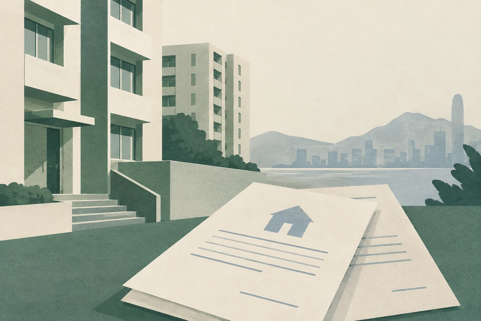Muted green and cream residential shapes sit beside overlapping paper forms in a spacious, abstract composition.