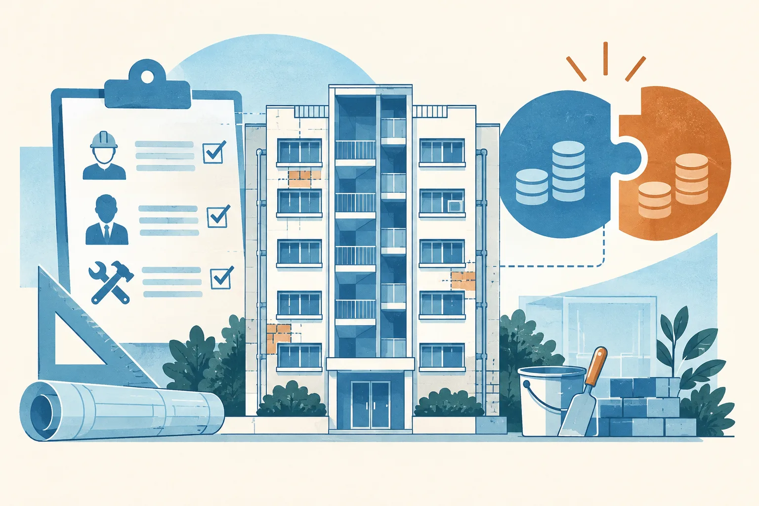 A simplified apartment-block elevation with small repair marks connects by fine lines to a guidance sheet and balanced funding shapes on a cream background.