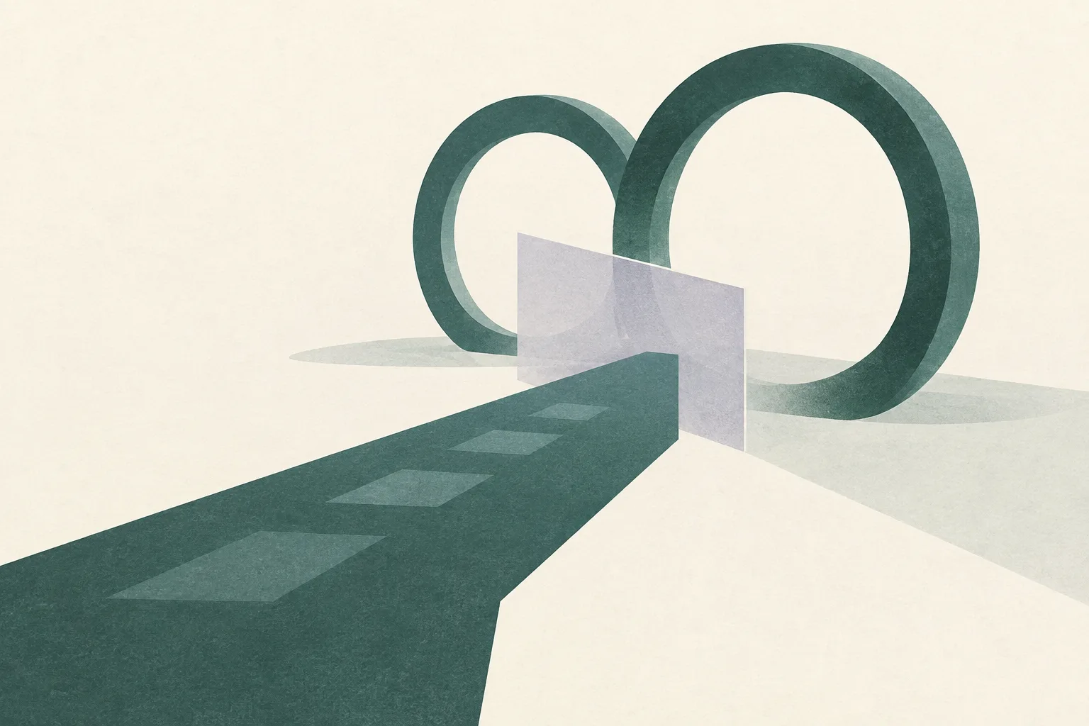 Two pale, open geometric rings sit beyond a faint abstract path interrupted by a light boundary on a cream ground.