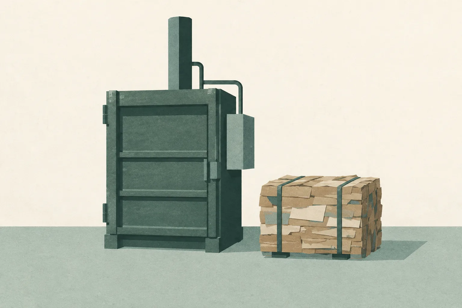 A simplified paper-baling machine stands beside a small stack of compressed cardboard on a muted green and cream background.