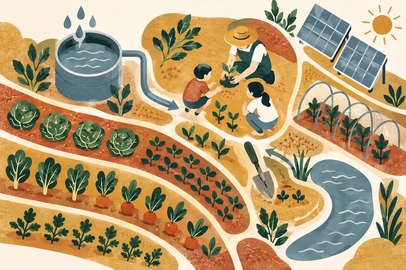 A colourful abstract farm plan with curved vegetable rows linked to simple water, energy and smart-farming symbols.