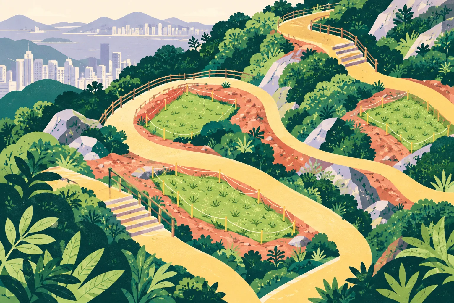 An abstract hillside collage with winding paths crossing layered green slopes and small fresh grass patches.
