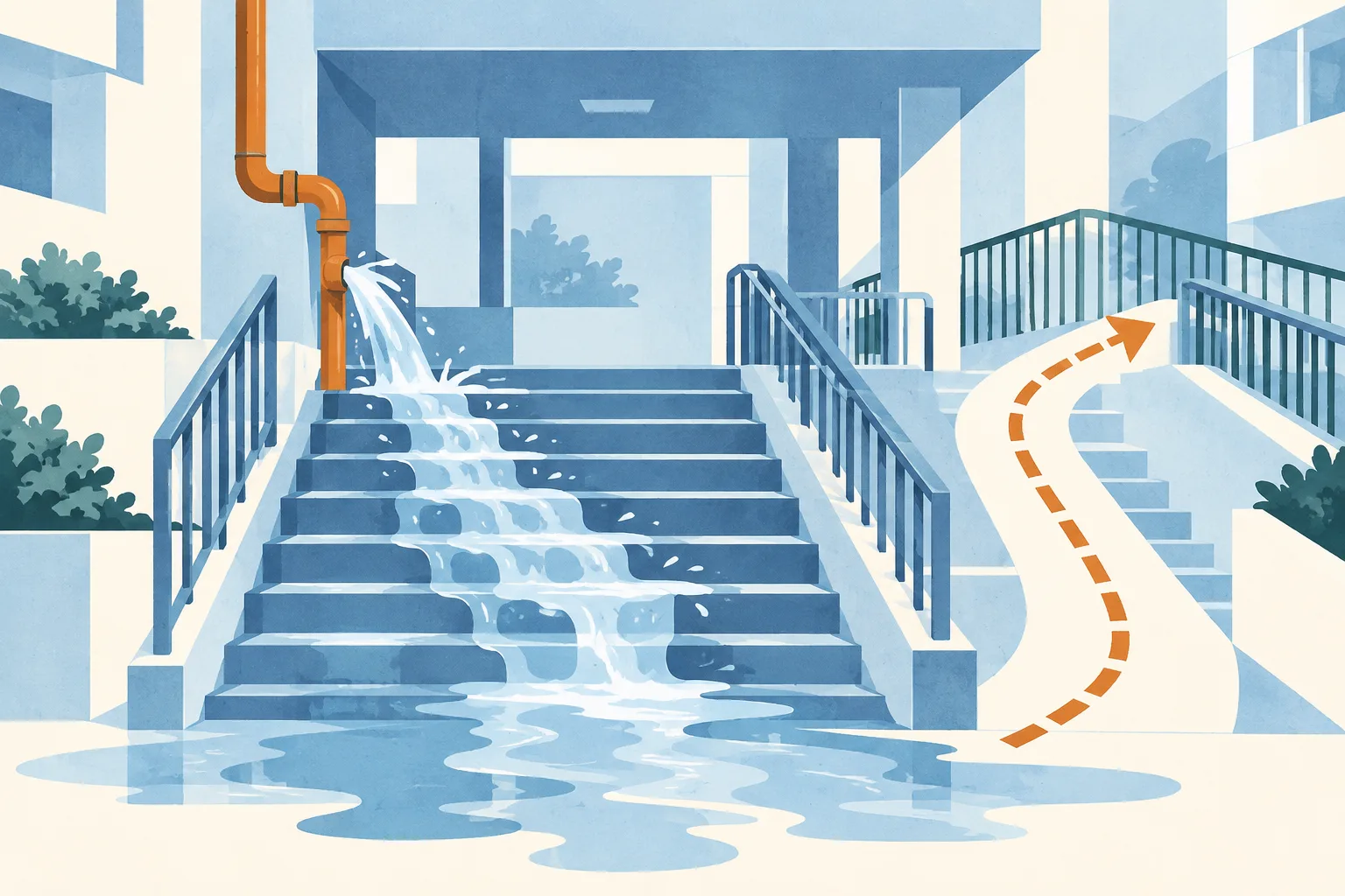 A simplified estate stairway and railing beside a pipe, with a blue ribbon of water flowing down the steps and a curved line marking a detour.