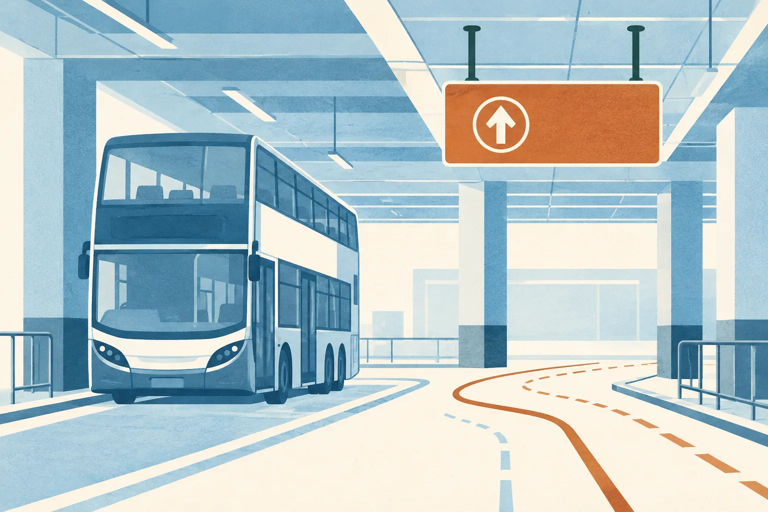 A generic double-decker bus sits beneath a ceiling-mounted sign in an abstract covered waiting area, with simple route lines on a light architectural background.