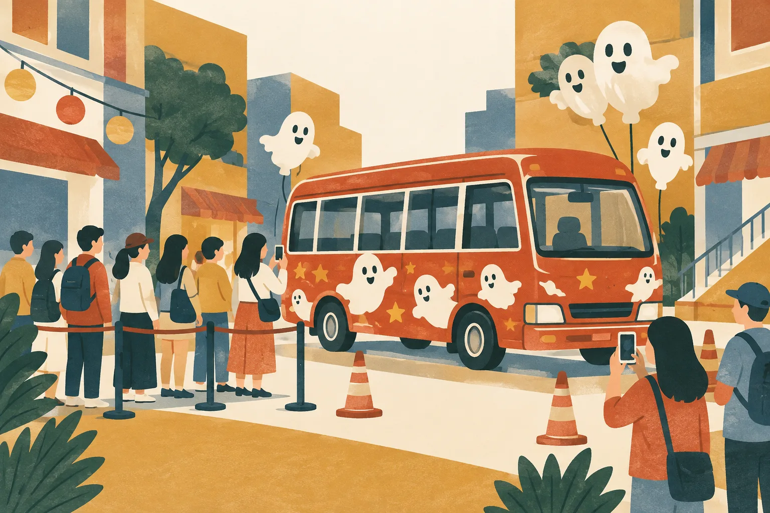 A red minibus sits in a layered street-party collage, with ghost-shaped balloons above it and a dotted queue nearby.