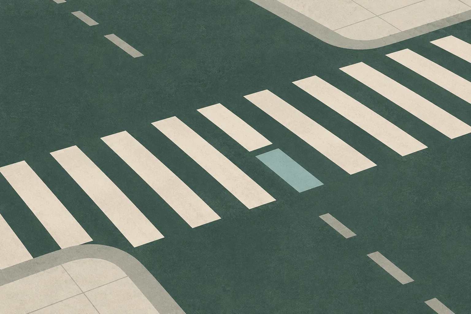 A sparse abstract road surface with simple crossing stripes and a small gap in their pattern, in muted teal and cream.