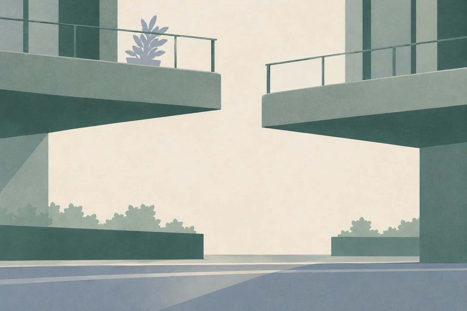 A pale ground plane sits beneath two simple muted-green architectural planes, separated by a narrow vertical gap.