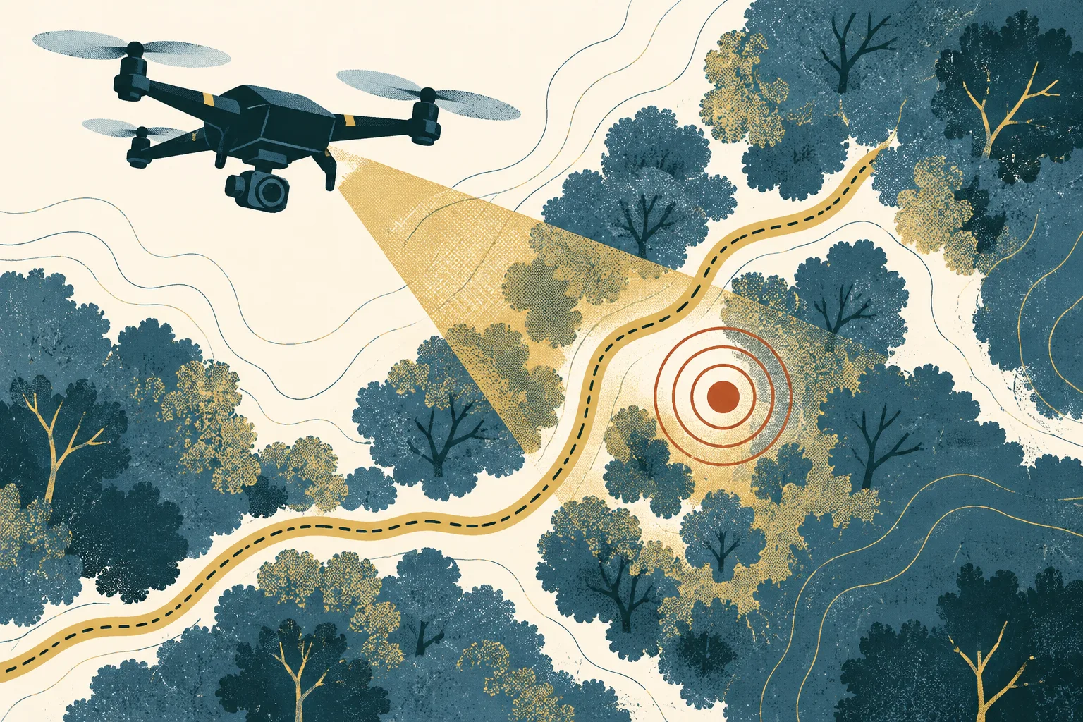 A generic drone silhouette above layered woodland contour shapes, with a simple trail line and locator rings beside it.