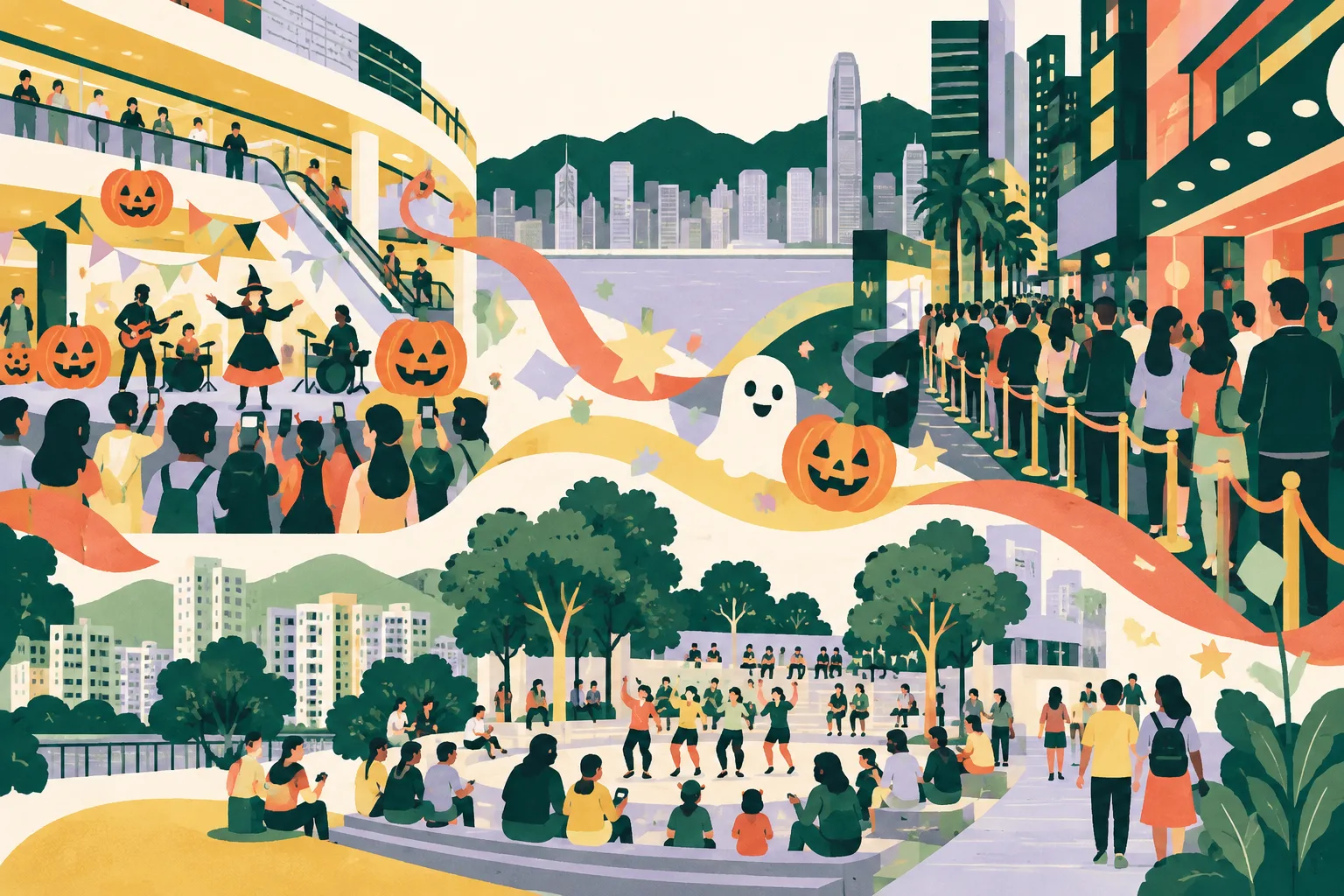 A cut-paper collage of generic city blocks, a shopping-centre frontage and an open plaza linked by a ribbon of colourful abstract festive shapes.