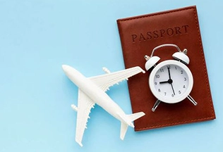Symbols of Visa Services: Passport, Small Watch, and small  Air-plane model Symbols of Visa Services: Passport, Small Watch, and small  Air-plane model