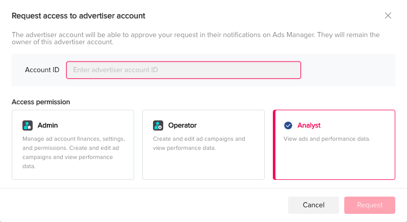 Types of user permissions in TikTok's Advertising Authorization section