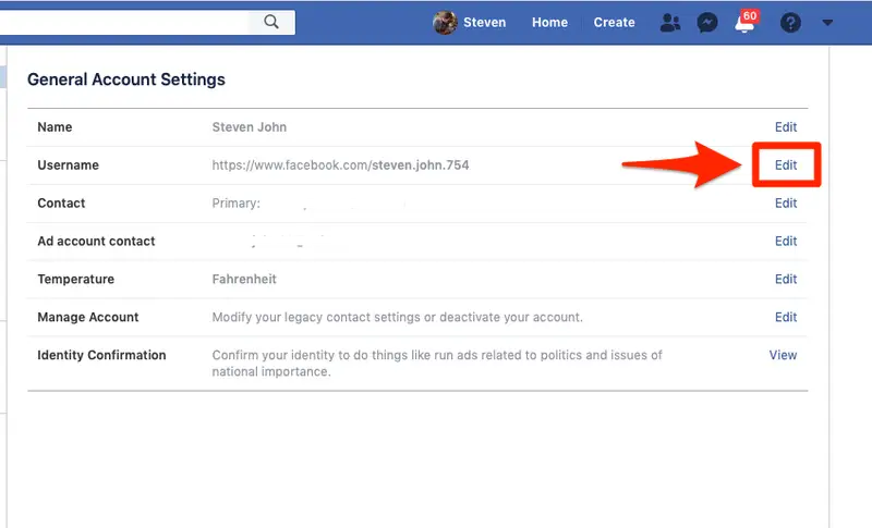 How to add username in Facebook page