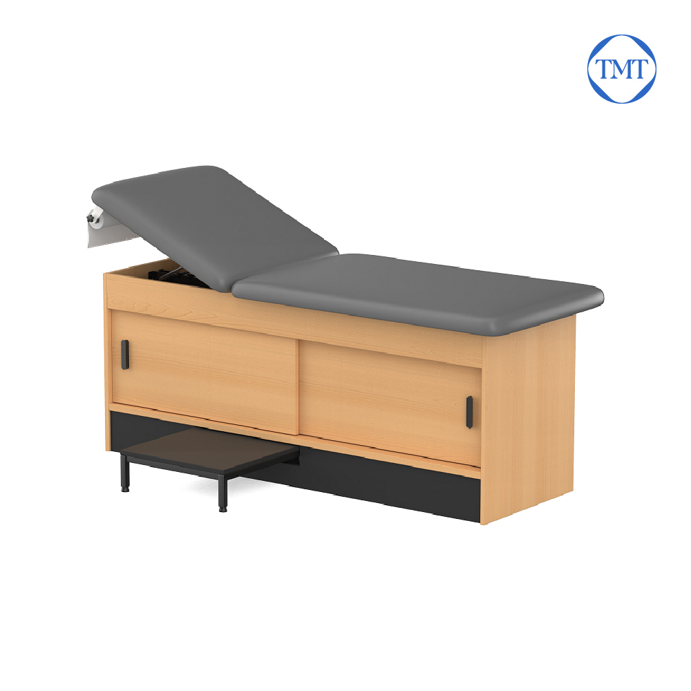 Medical exam table with adjustable tilt backrest for patient comfort เตียงตรวจโรคปรับเอนได้ รองรับการจัดท่าคนไข้และเพิ่มความสบาย