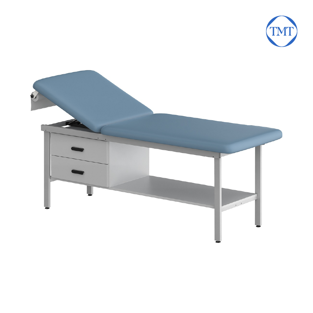 Medical exam table with adjustable tilt backrest for patient comfort เตียงตรวจโรคปรับเอนได้ รองรับการจัดท่าคนไข้และเพิ่มความสบาย
